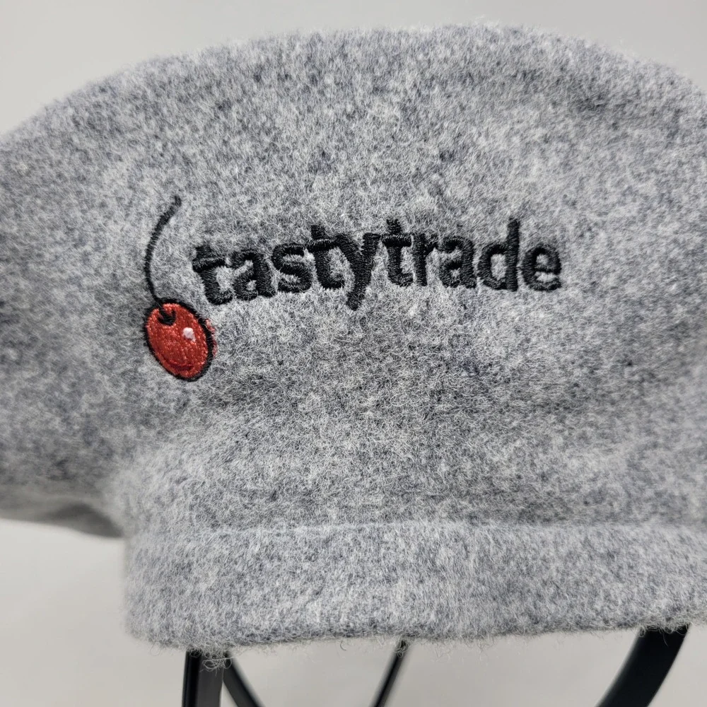 Vtg 90s Heather Gray Wool Beret Hat Embroidered Cherry‎ Tastytrade Logo Finance
